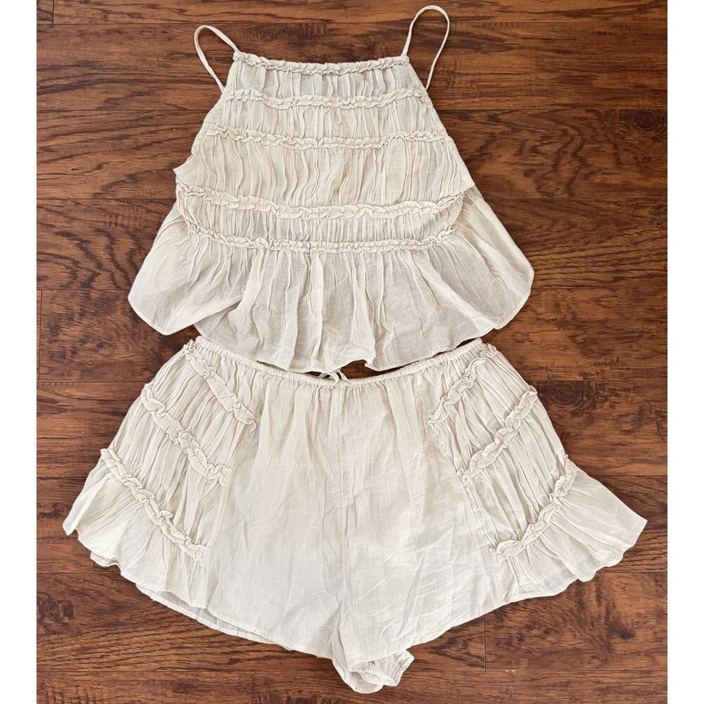 Free People Free- est Boho Gauze Ruffle Two Piece Set Beige Short/Top Cottage - Picture 8 of 8